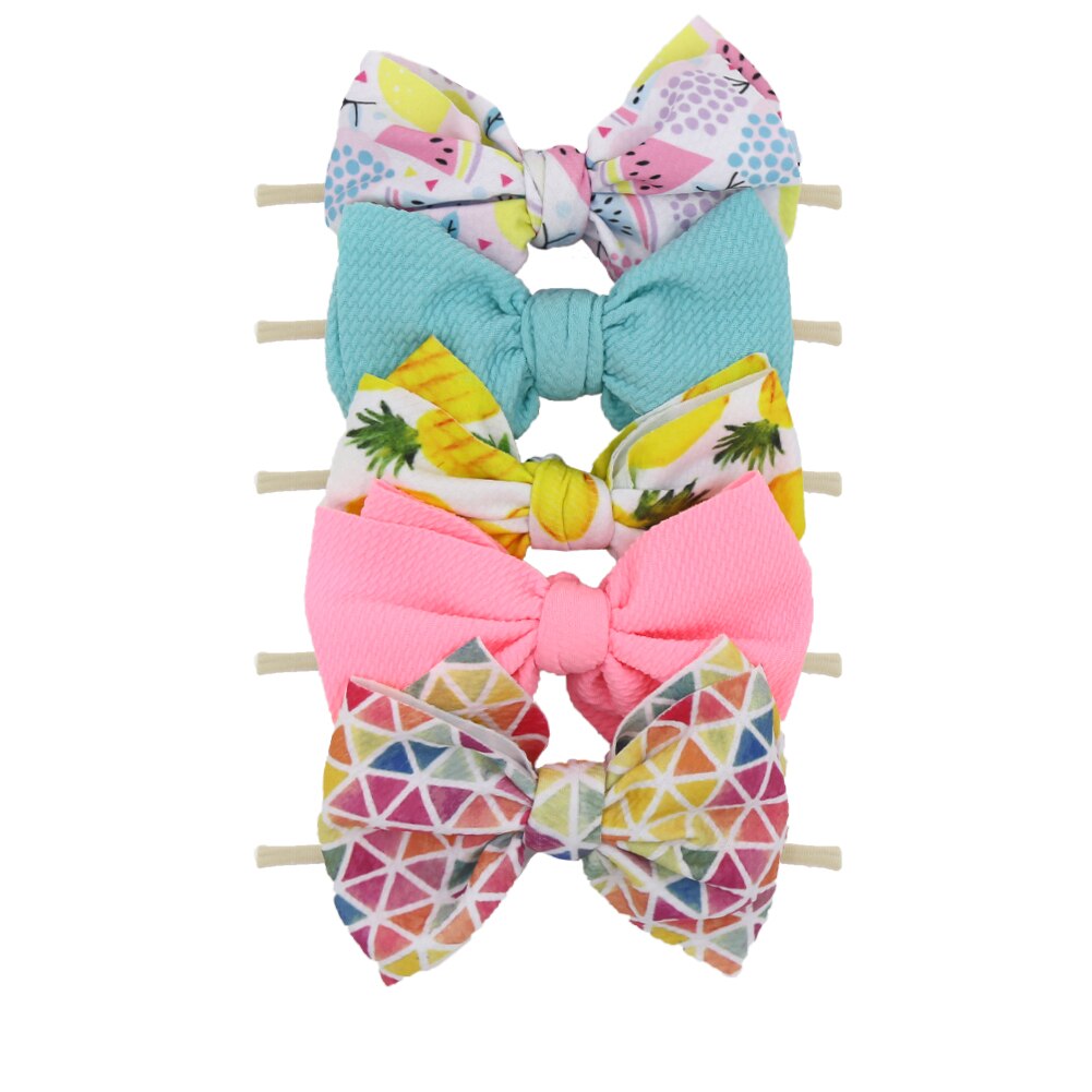 5Pcs/Lot Flower Print Elastic Nylon Band 5.9'' Big Bow Knot Headband Newborn Non-Marking Hair Accessories: mix7