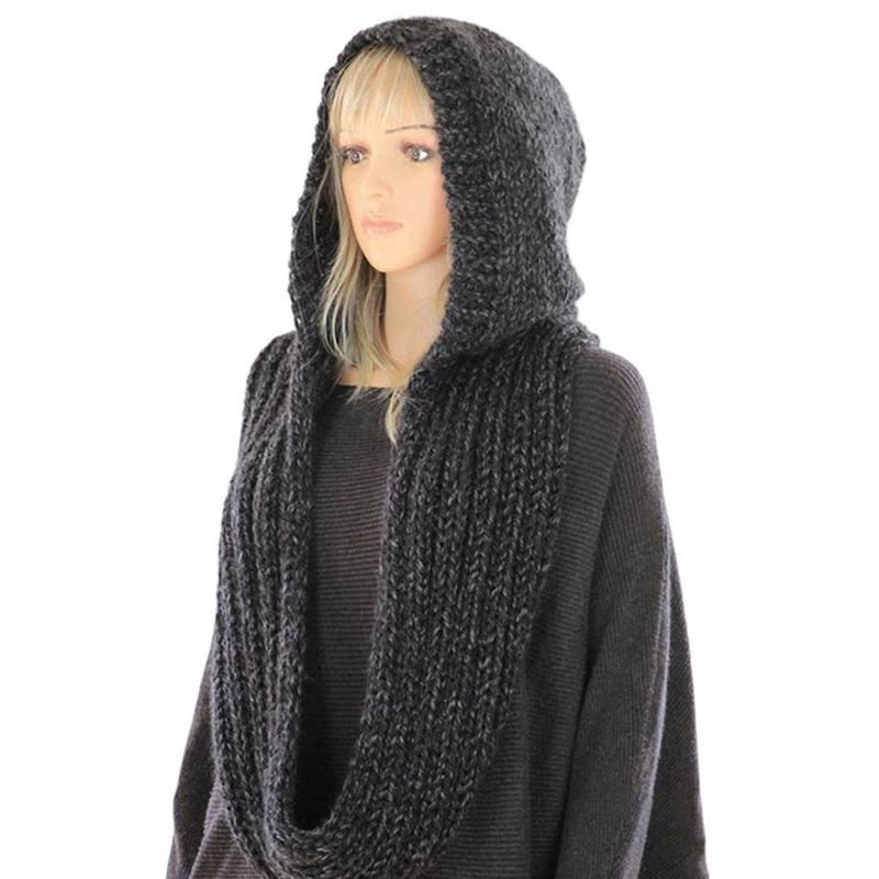 Winter Knitted Scarf For Ladies Keeping Warm Solid Shawl Wraps Hat Scarf Dual Purpose Cape