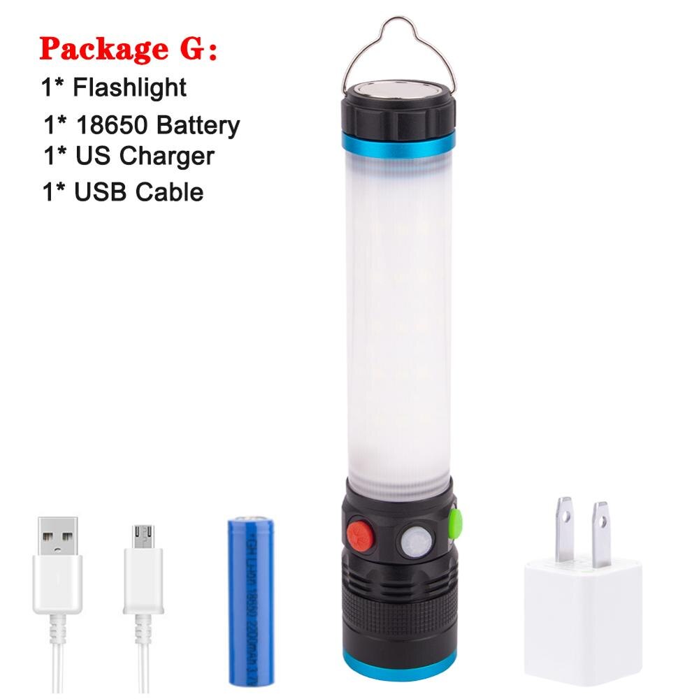 USB Rechargeable T6 LED Flashlight Work Light 8 modes Zoomable Power 18650 Torch With Hook Magnet For Camping Hiking Outdoor: Package G