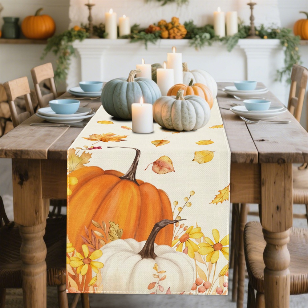 1 szt. Jesienny bieżnik na stół z motywem dyni, liści i kwiatów - robić użytku wewnątrz i na zewnątrz na Świędo Dziękczynienia, Halloween