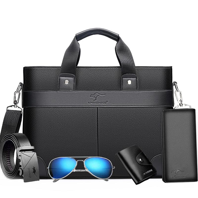 Portable Work Business Office Male Messenger Bag 5pcs/lot Soft Leather Briefcase Laptop Bags Casual Men 2 Set Handbag: A