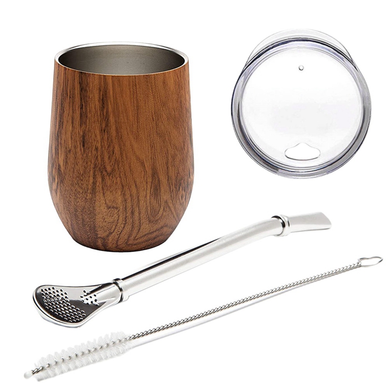 Yerba Mate Kalebas Thee Cup Set 12Oz, dubbele Wand Roestvrij Koffie Water Cup Met Deksel 1 Bombillas Rietjes Filter Lepel &amp; Borstel: Default Title