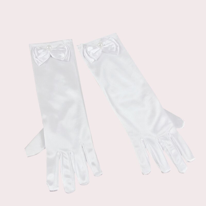Gilrs lange satin handsker solbeskyttelse aften fest stretch blomst pige søde kjole tilbehør ceremonielle bowknot perle handsker: Hvid