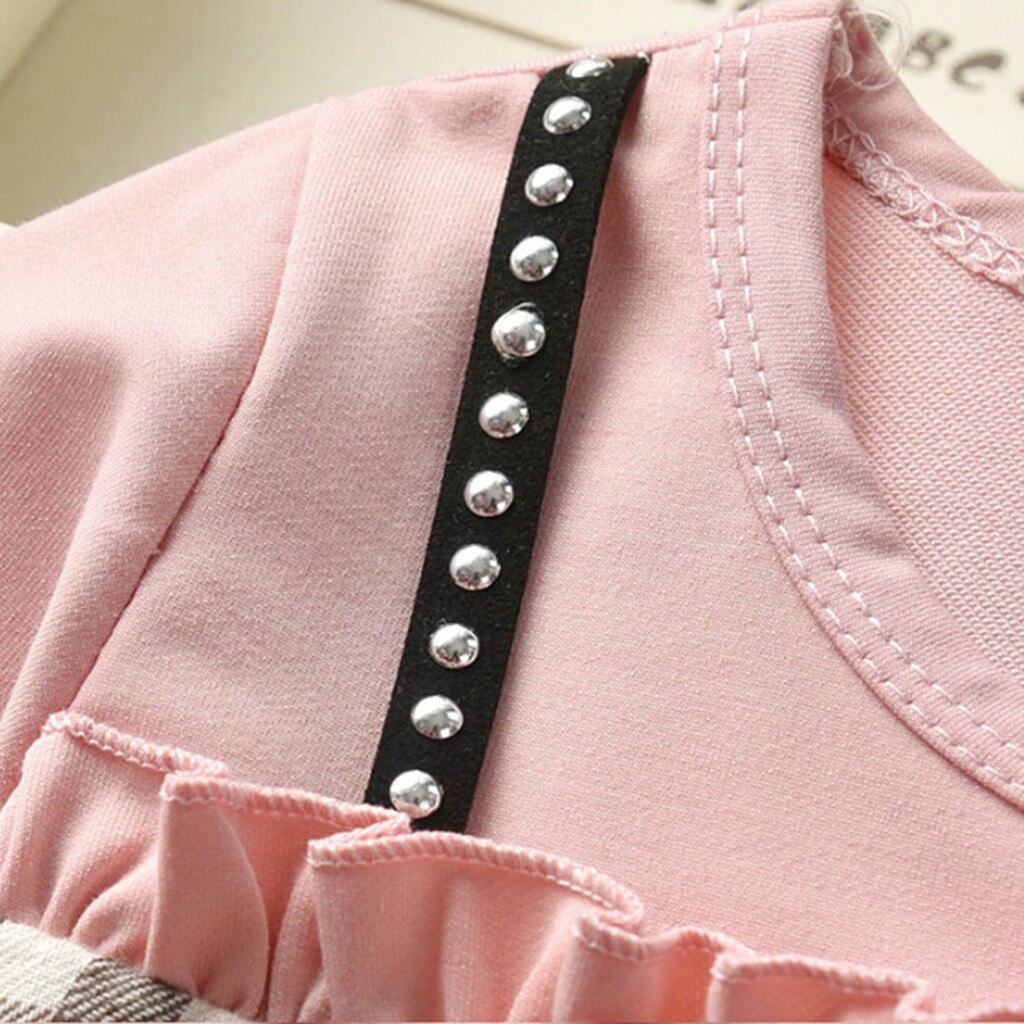 Baby Kids Girls Dress Long Sleeve Ruched Plaid Patchwork Strap Faux Twinset Princess Dress Clothes Toddler Kids Dresses For Girl