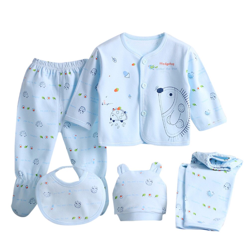 5Pcs Pasgeboren Baby Unisex Kleding Zacht Katoen Set Baby Jongen Meisje Cartoon Lange Mouwen Tops + Hoed + Broek + Bib Outfit Set Zachte Kleding: Blauw