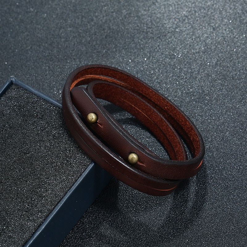 Simple Double-deck Leather Bracelets&Bangles For Men Punk brown/Black Wristband Cuff Jewelry boy