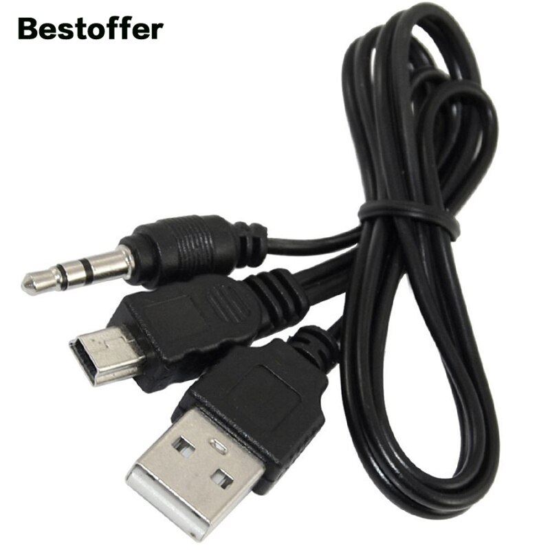 50cm Black USB 2.0 A to Mini B 5PIN+DC 3.5mm Male Plug Audio AUX Adapter Charger Cable Cord