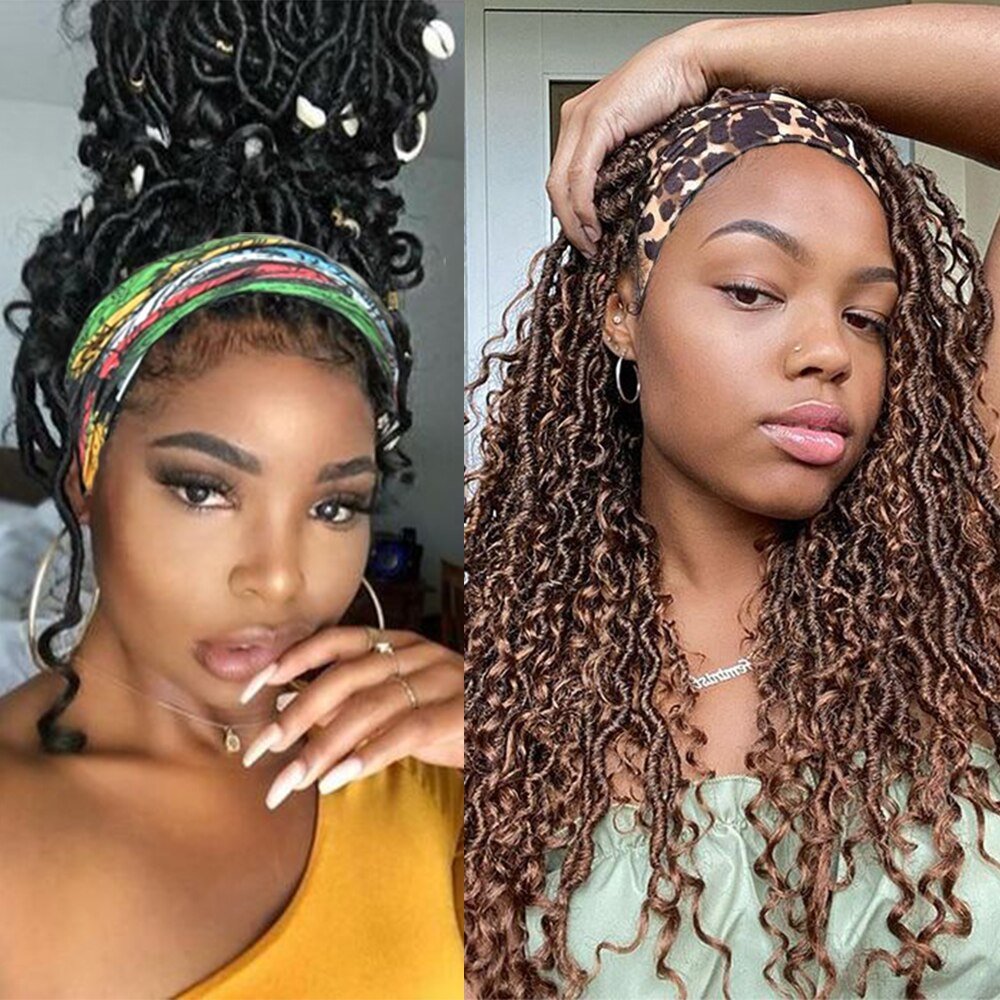 Ombre Brown Headband Synthetic Braided Wigs For Black Women 24 Inch Natural Glueless Hair Wig SOKU Faux Locs Crochet Curly Hair