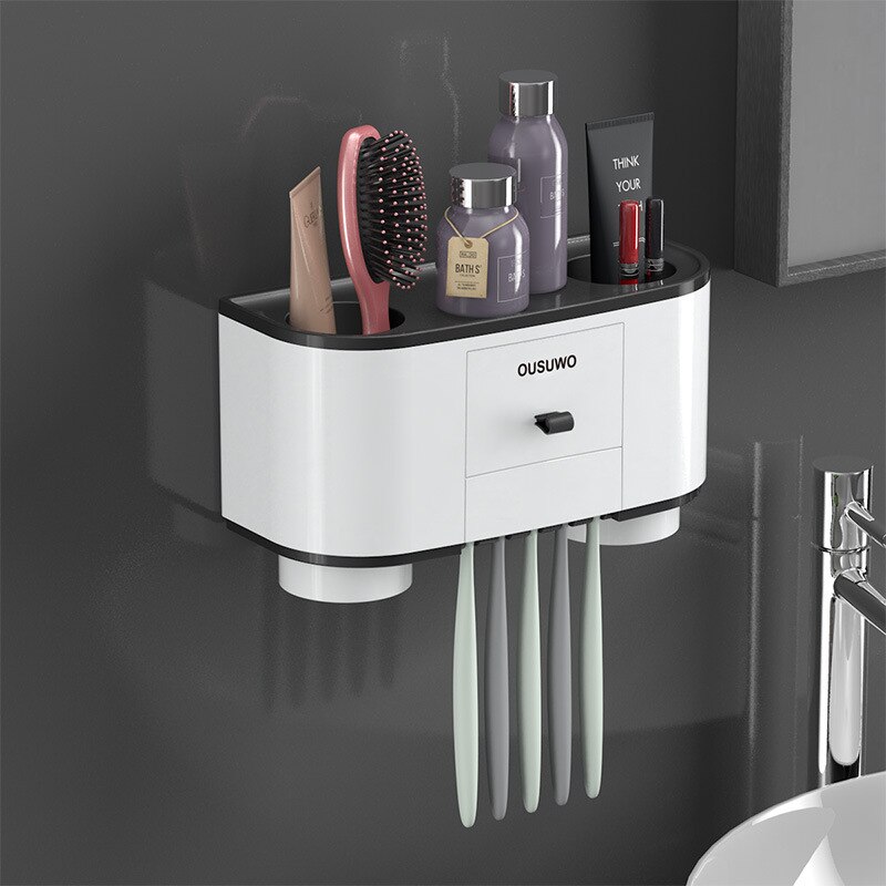 Spazzolino da denti titolare distributore Automatico di Dentifricio spremiagrumi per Il Bagno cremagliera Di Stoccaggio cremagliera di Montaggio A Parete Accessori per il Bagno impostato: A-Two cups nero