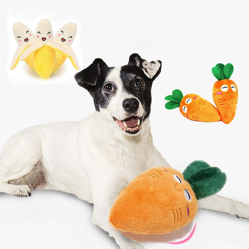 Sounding Puppy Dog Chew Toy Various Fruit Vegetable Cartoon Squeak Toy For Cat Pets Plush Banana Carrot Donuts
