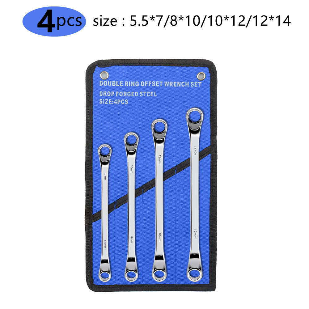 Offset Box End Wrench Set, 45# Carbon Steel Metric 45-Degree, HRC38-45 Long Double Ring Wrench Spanners with Rolling Pouch: Silver