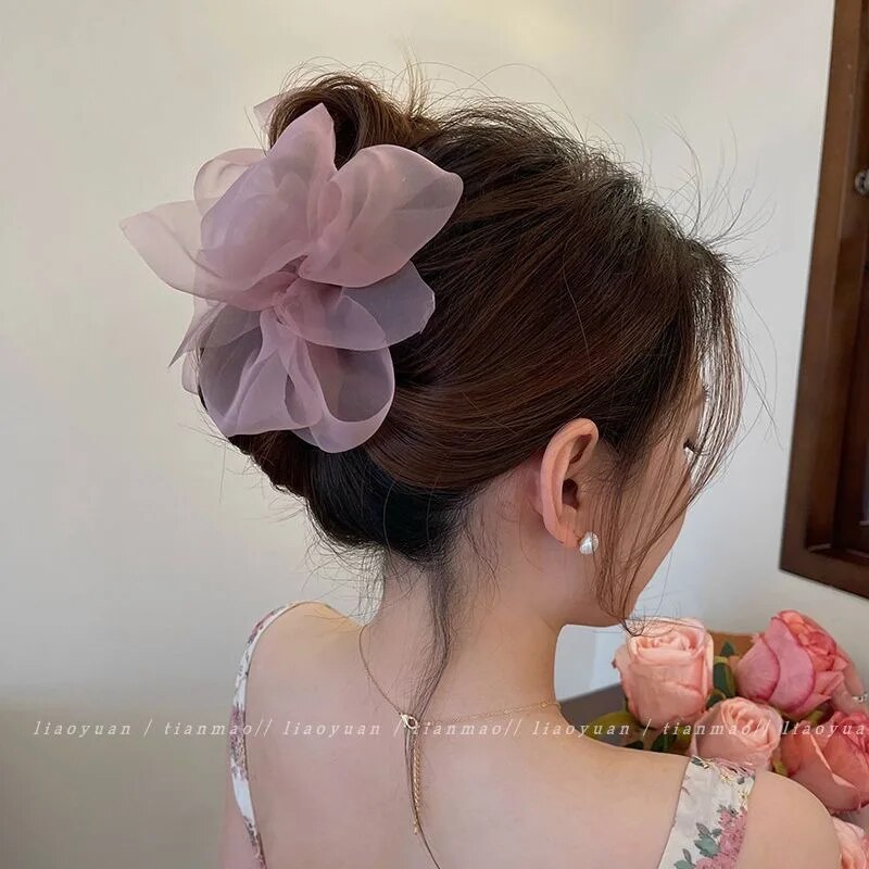 Clip de agarre de lazo grande de tul de malla de Retro femenino hilo de red cola de caballo trenza garra Clip accesorios para el cabello tocado de: Rosa