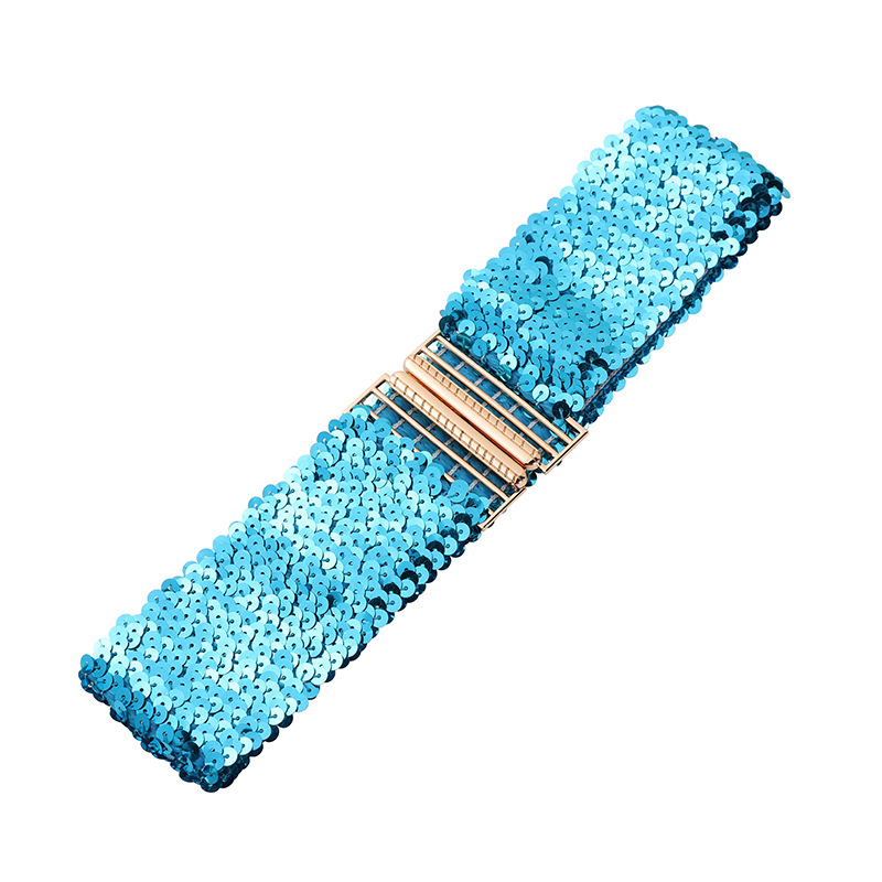 Cinto feminino de lantejoulas, elástico e brilhante, estilo corset, com fivela de metal, alça decorativa para corset, acessório para vestido de festa.: Lago azul