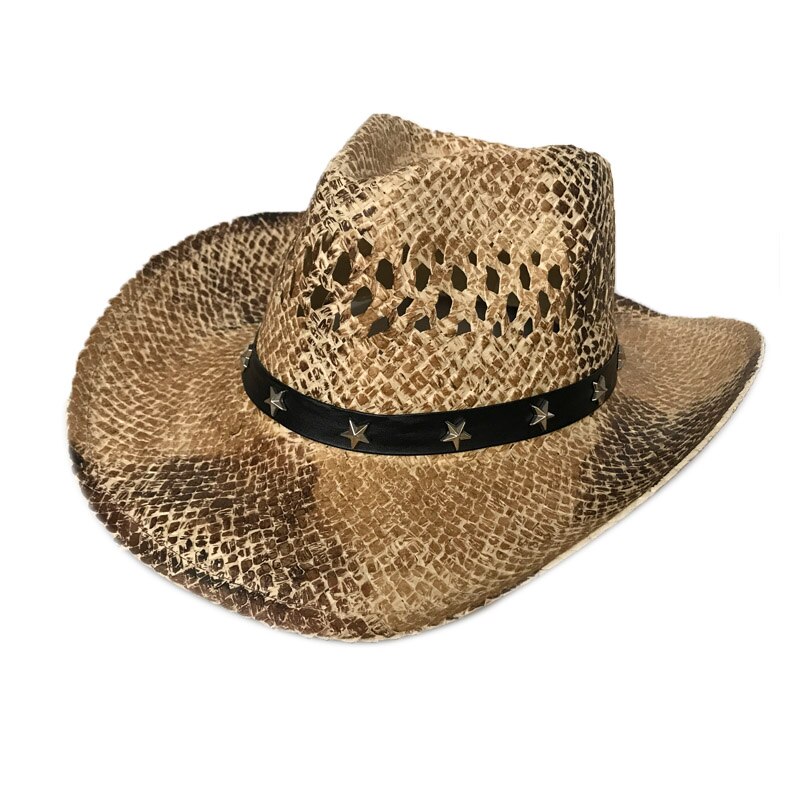 YY-sombreros de paja de estilo vaquero para hombre, gorros de paja con remaches anchos de estrella de cinco puntas, gorra de Jazz, sombrero de playa de vaquera hueco CM19013: Khaki cowboy cap