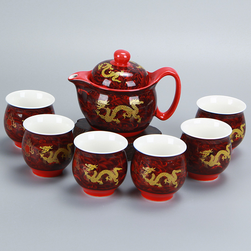 Chinese Ceramic Tea Set Kung Fu Porcelain Tea Cup Pot Set Dragon Teapot Teacup Kungfu Teaset Puer Oolong Tea Ceremony Teaware: Red