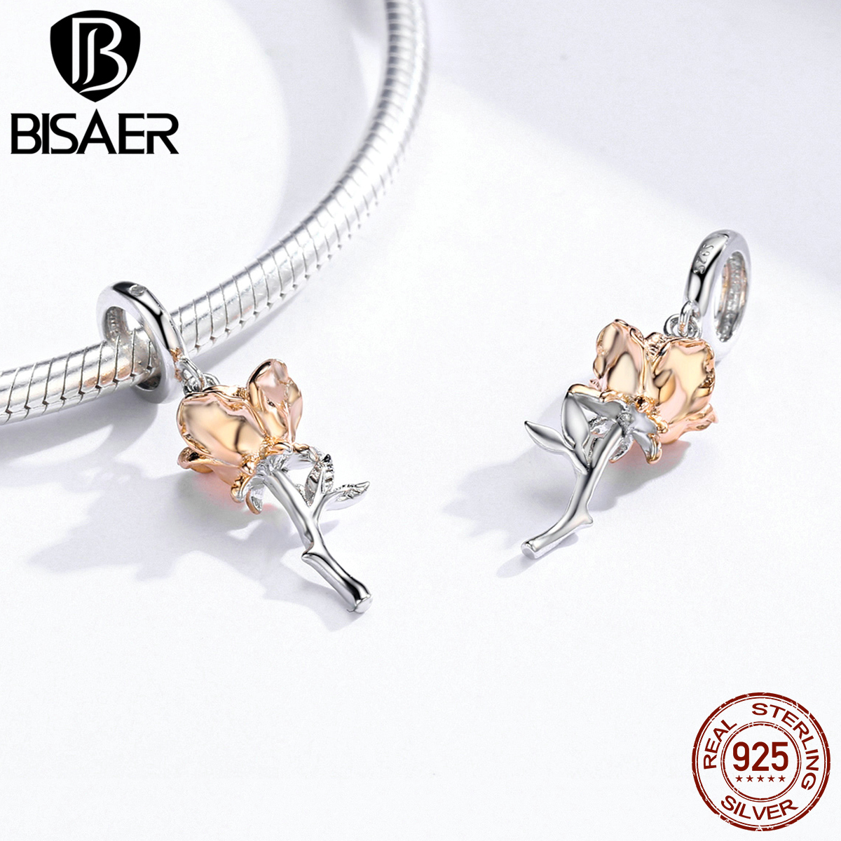 Rose Flowers Beads BISAER 925 Sterling Silver Blooming Rose Flower Charms Beads fit DIY Bracelets & Bangles Accessories EFC145