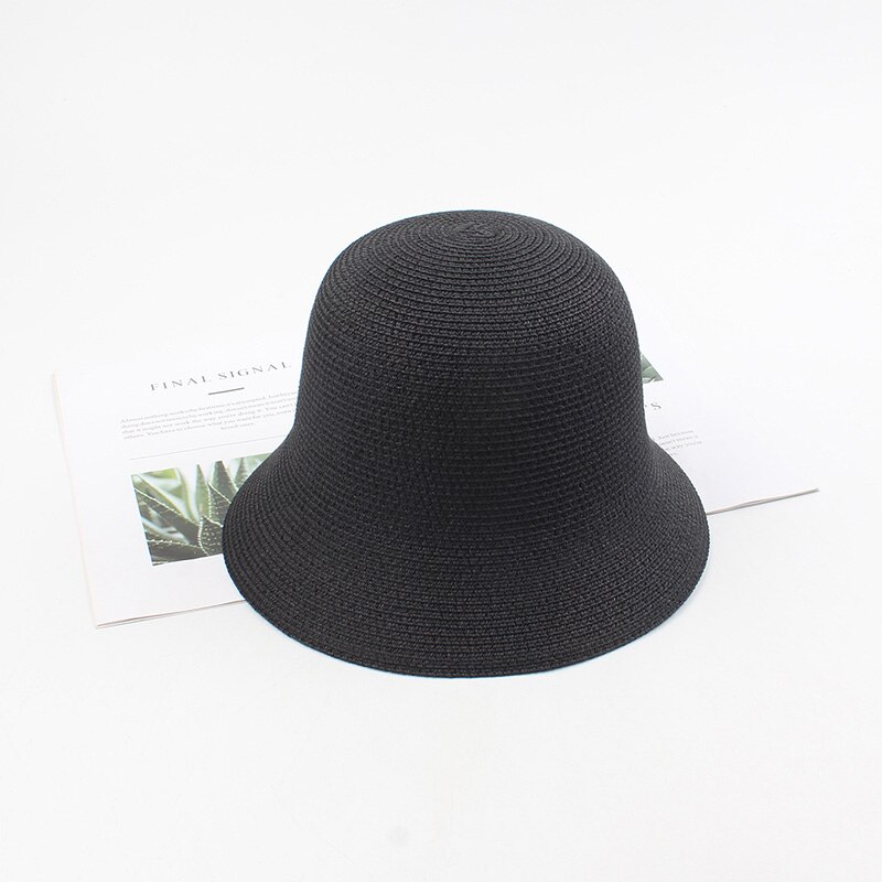 Boho strand rejse bucket cap kvinder sommer sol hat cloche stråhat vintage solid floppy panama hat: Sort