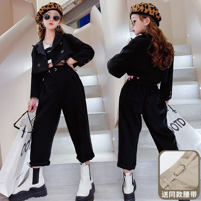 Meisjes Blazer Suits Kleding Sets Lente Herfst Kids Crop Jassen + Broek Met Riem Solid Formele Tiener Casual Outfits