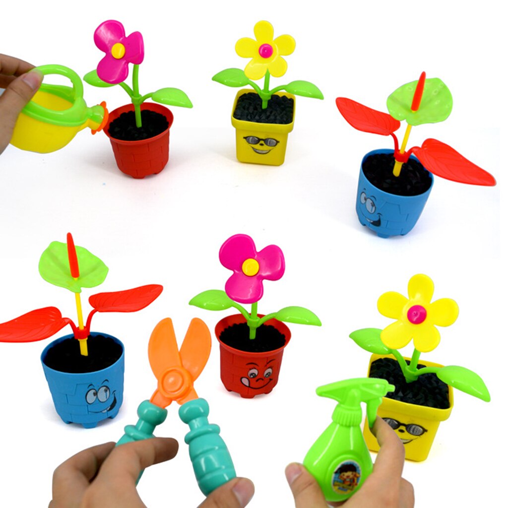 9 Pieces Pretend Garden Tools Toy Set Potted Plastic Flower Preschool Educational Toy for Toddlers Planting Flowers Tool Set