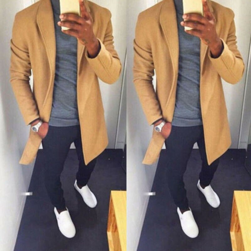 Efterår vinter mænd fritidsfrakke tyk ulden trenchcoat business mandlig solid klassisk overfrakke mellemlange jakker toppe