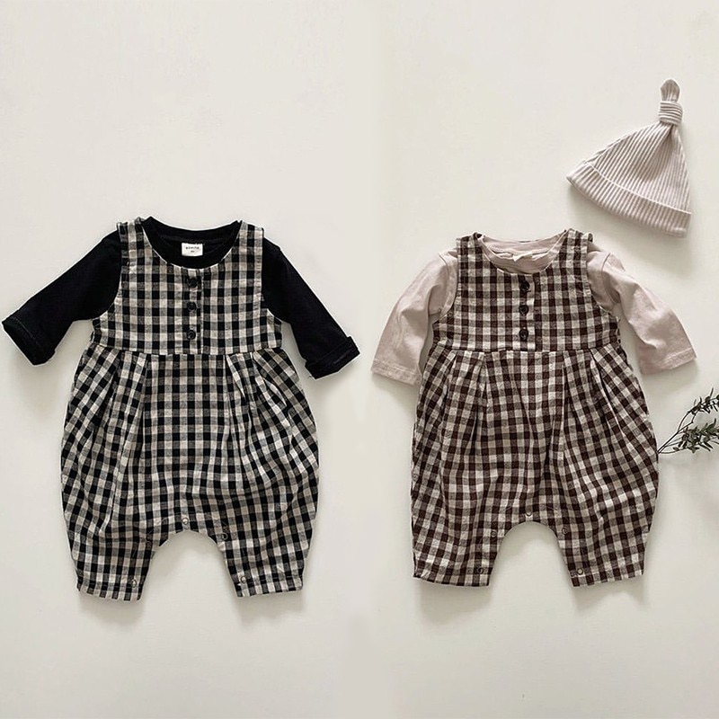 2020 autunno Bambino Appena Nato Della Ragazza del Ragazzo Vestiti Del Bambino Del Pagliaccetto Senza Maniche Plaid Della Tuta Tute E Salopette Con Solido Camicette 2pcs Casual Abiti