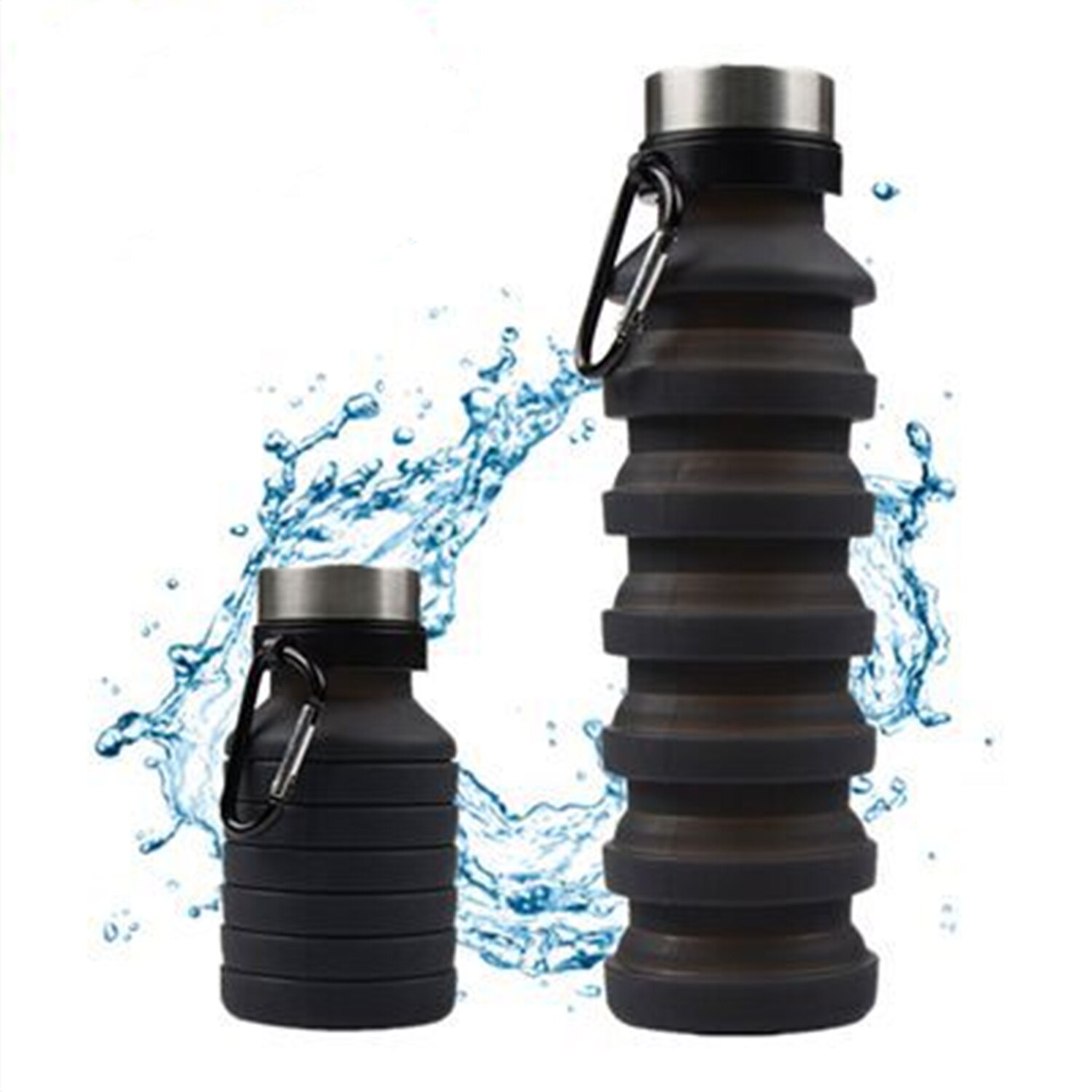 Joudoo 18Oz Opvouwbare Water Fles Met Rvs Cap Karabijnhaak, Lekvrij En Draagbare BZ013.: Black