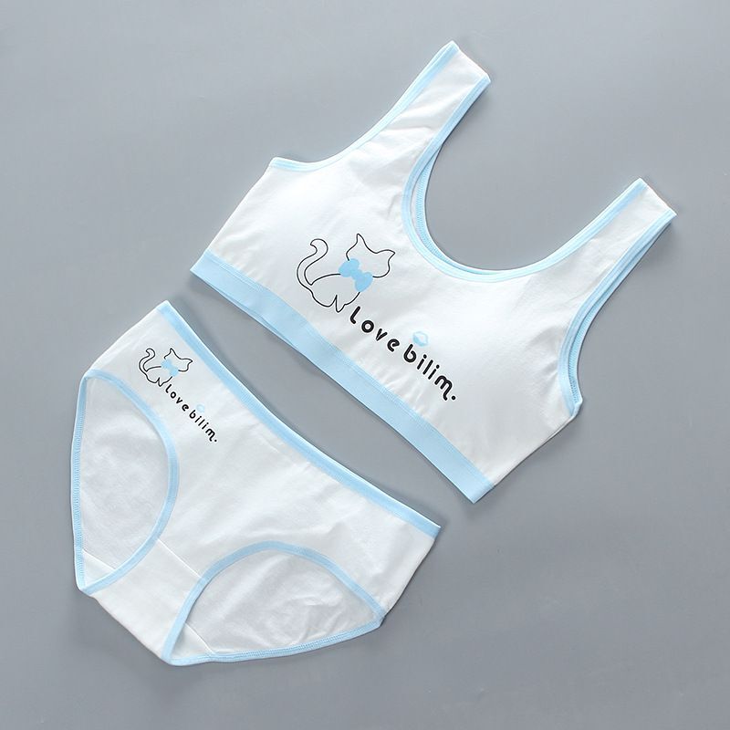 Soft Bra Teenage Underwear Bra Set Training Bras and Panties Puberty Students Bra Vest: Sky Blue