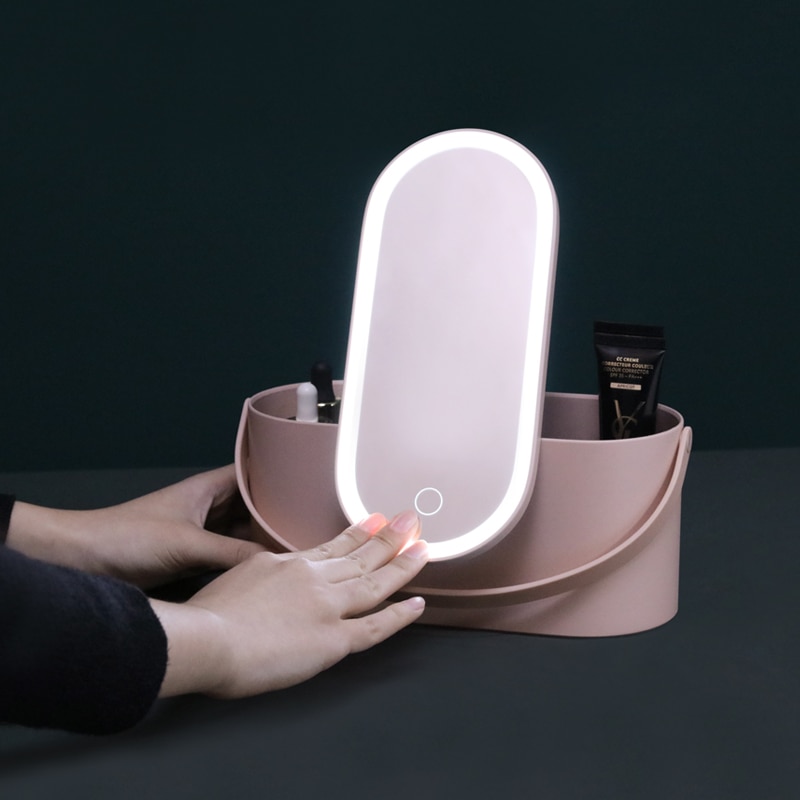 Draagbare Make-Up Geval Spiegel Met Led Licht Creatieve 2 In 1 Cosmetische Opbergdoos Reizen Cosmetische Bag Container