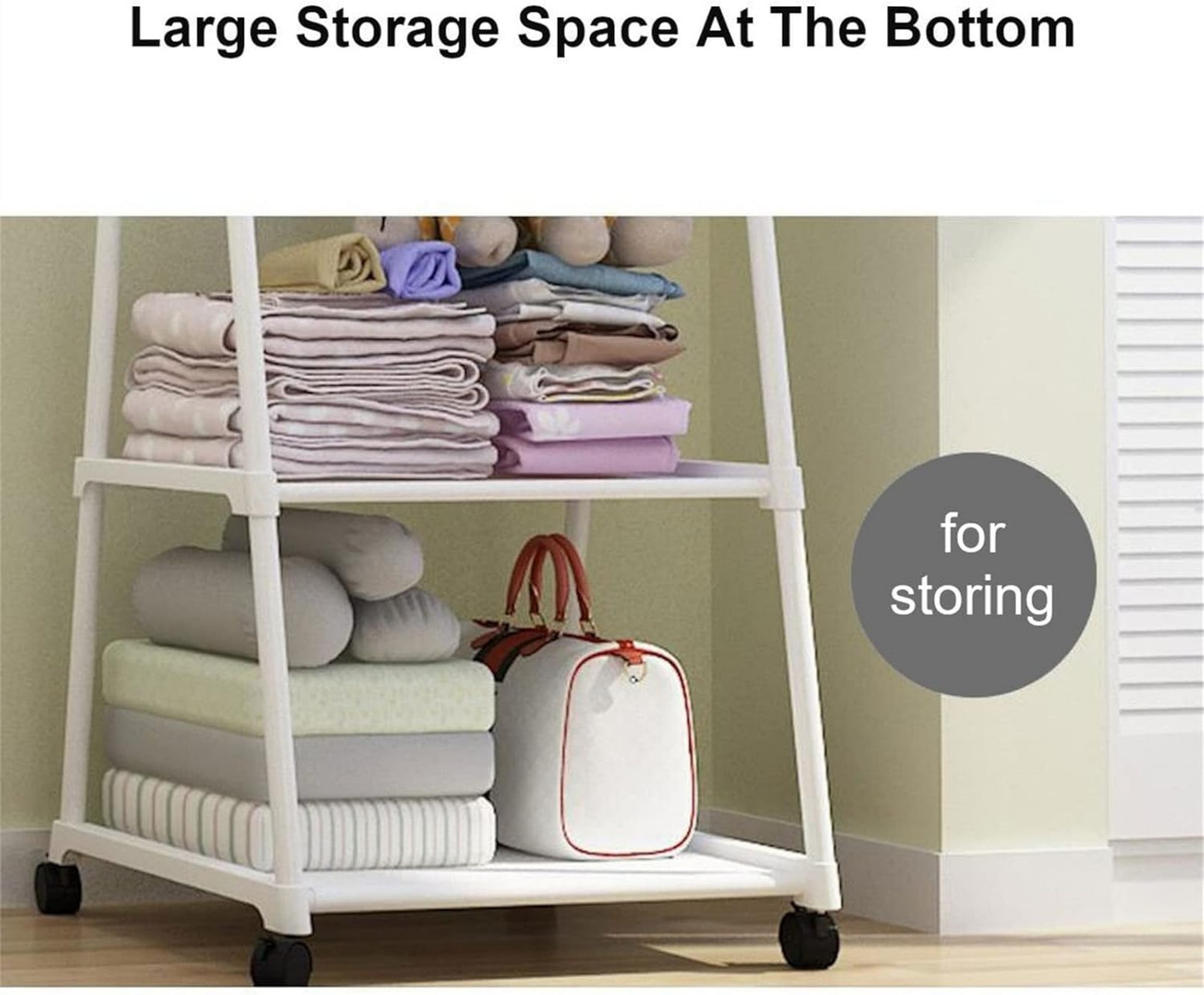 2-laags driehoekig kledingrek met wielen, roestvrijstalen kledingrek met planken en haken, draagbaar voor thuis en op kantoor