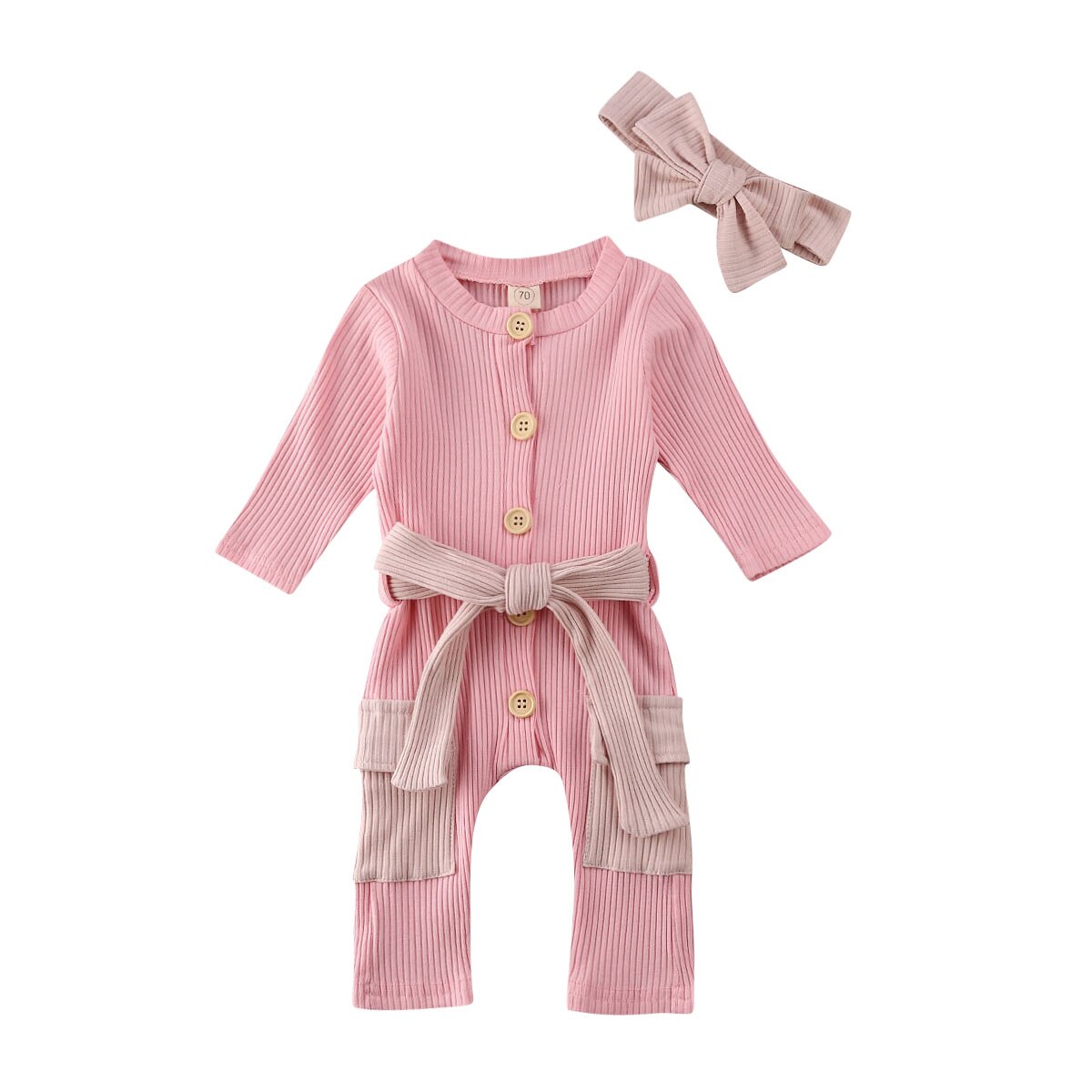 2pcs infantil bebê menina meninos macacão bandana 2pcs roupas de malha arco grande sólido manga longa macacão outfit: Rosa / 12 m