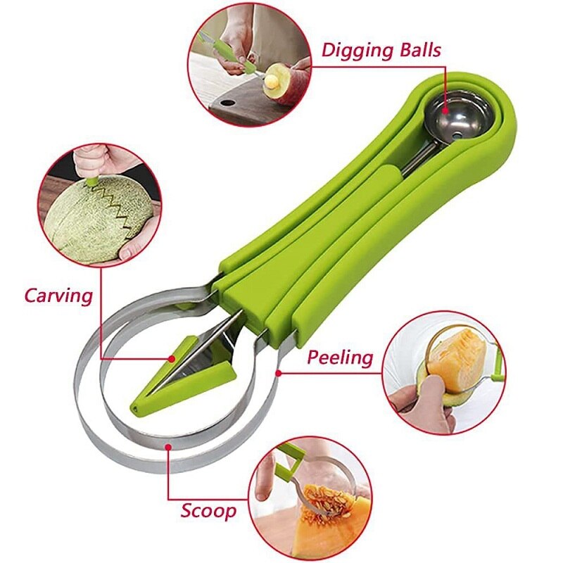 4 En 1 Bola de melón de acero inoxidable redondo y fruta conjunto de herramienta de talla para fruta máquina de cortar excavar Pulpa de sandía de