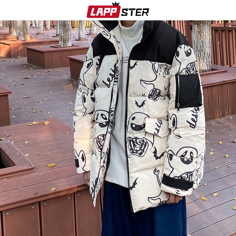 Lappster herr japansk streetwear svart pufferjacka herr harajuku patchwork vinter bubbelrockar manlig spöke hip hop parka