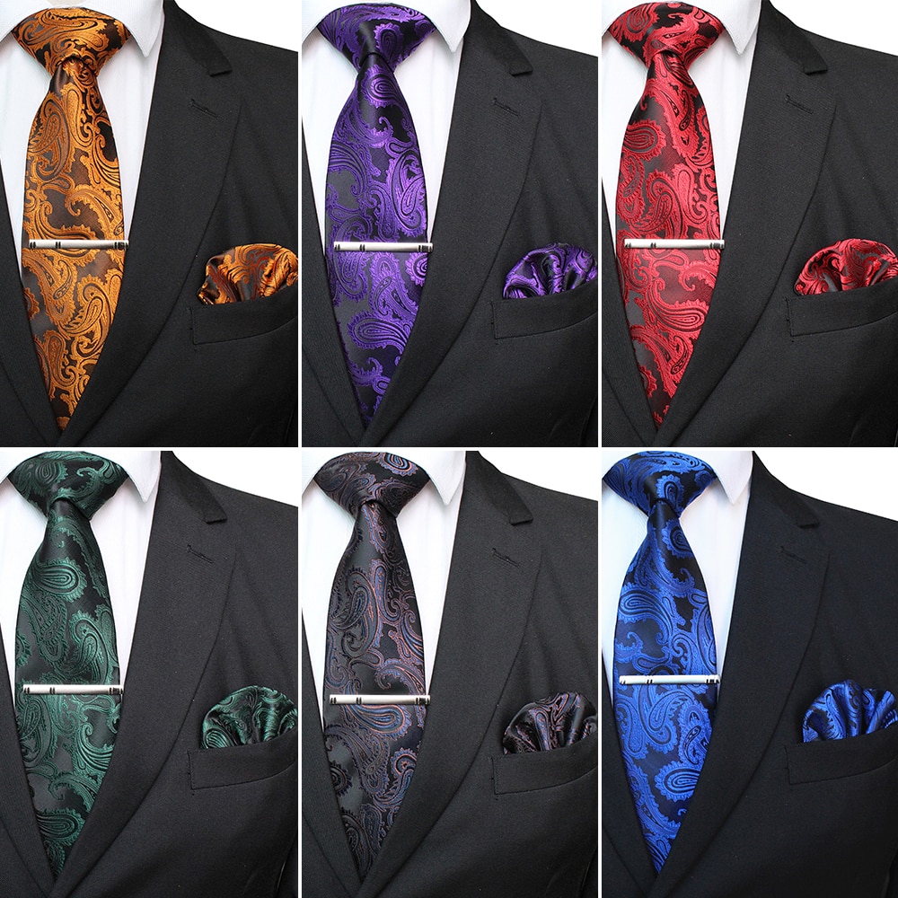 KAMBERFT męskie klasyczne Paisley krawat i kieszeń kwadratowy zestaw czerwony zielony jedwabny krawat żakardowy z krawat klip zestawy wesele krawat