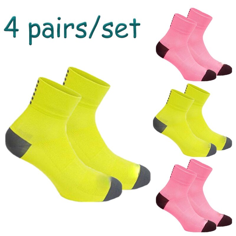 4 Paires/Set Fietsen Sokken Professionele Concurrentie Outdoor Fiets Sokken Ademend Mannen Vrouwen Calcetines Ciclismo: 2yellow 2pink