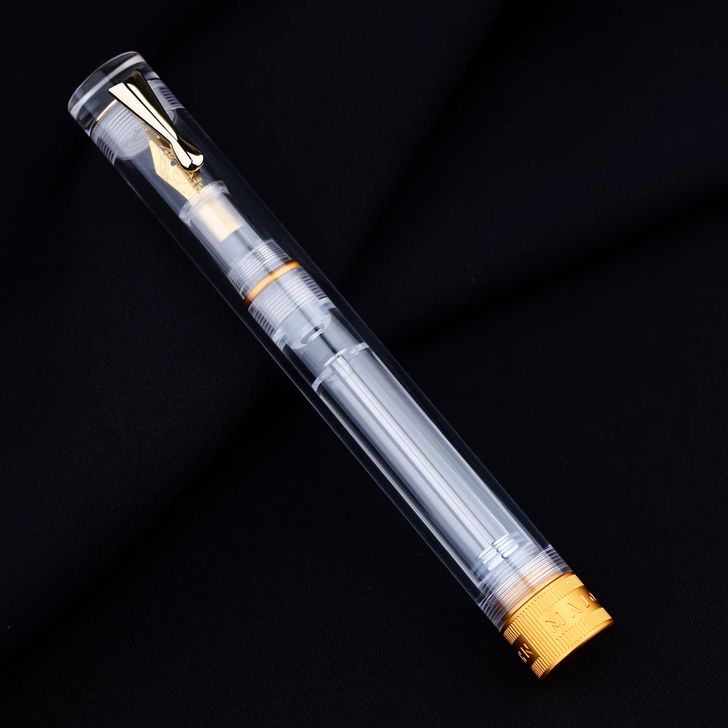 Majohn V1 Vacuum Filling Fountain Pen EF/F/M/ Bent Nib, Transparent Resin Golden/Silver Clip Demonstration Writing Pen: WHITE / o．b．