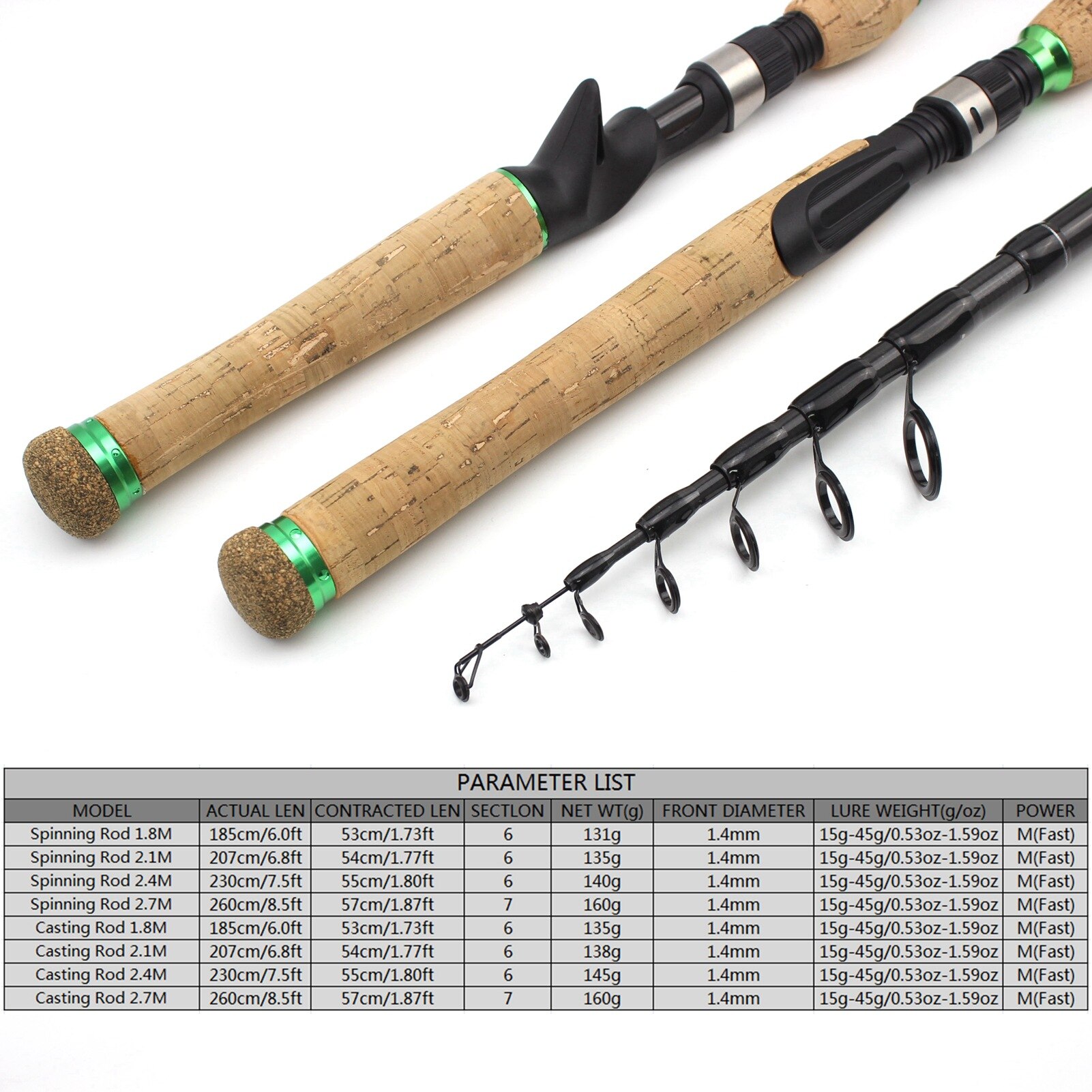 Telescopic Lure Rod 1.8M 2.1M 2.4M 2.7M Carbon Fiber Cork Wood Handle Spinning Rod Fishing Pole Tackle