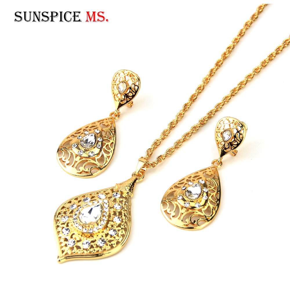 Sunspicems Goud Kleur Sieraden Sets Hanger Ketting Earring Voor Vrouwen Indiase Arabische Marokko Etnische Wedding Bijoux Bruid