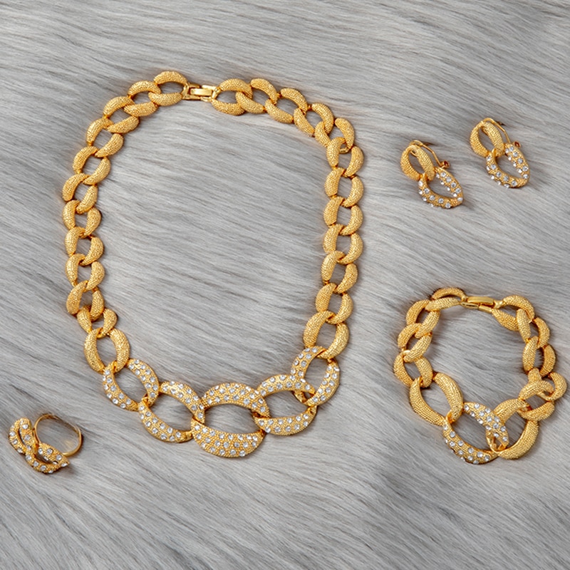 Dubai gold jewelry sets Arab Necklace Bracelet earrings ring set African women bridal wedding Ethiopian collares jewellery