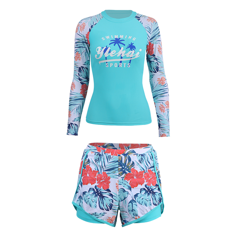 2022 Vrouwen Sport Badpak Lange Mouwen Gewatteerde Badmode Hoge Taille Twee Stukken Surfen Pak Afdrukken Beach Wear Maillot De Bain: HTL2139 / Xl