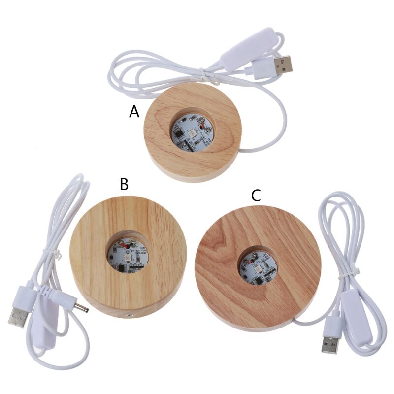 Handmade Resin Art Wood Round LED Display Base Colorful Light Wooden Night Base Resin Display Ornament Stand DIY Crafts