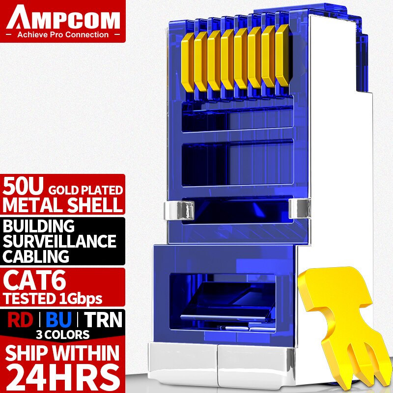 AMPCOM CAT6 Shielded RJ45 Modular Plug Connector 8P8C Crimp End Ethernet Cable Ethernet Connector Gold-Plated 50U: Blue / 50PCS