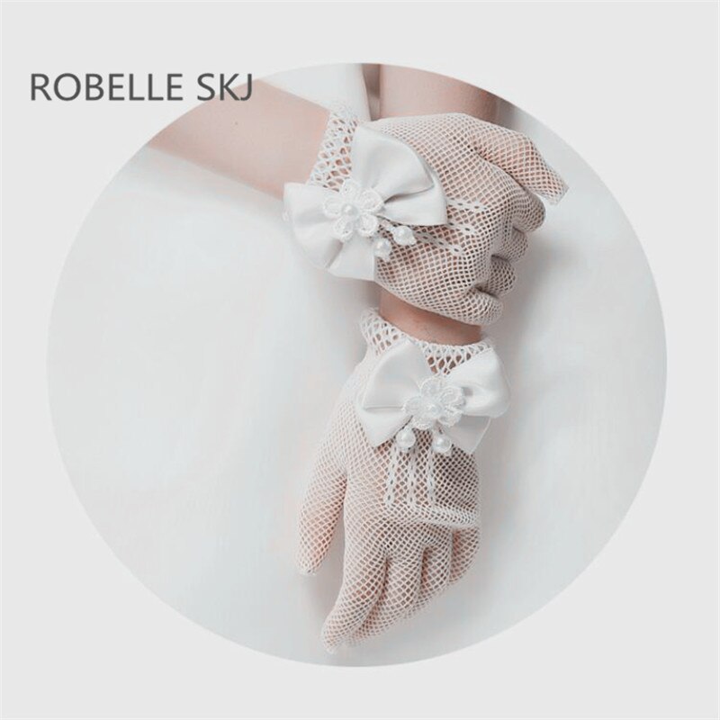 Flower Girl Gloves 1 Pair Ivory Lace Pearls Child Gloves First Communion Accessories for Little Girls Gloves with Bow