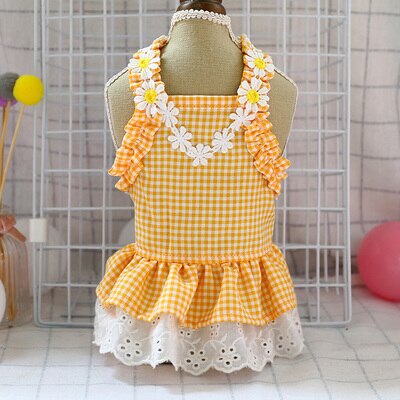 Summer Dog Dress Plaid Clothes For Small Dog Party Dog Skirt Puppy Flower Lace 3 Color XS S M L XL: Yellow / s