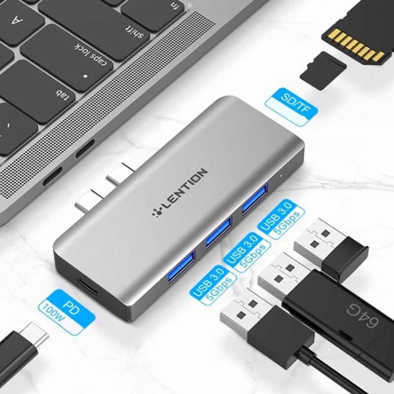 LENTION USB Hub With 100W Power ,3 USB 3.0, SD/Micro-SD/TF Card Reader Adapter For M1 Pro