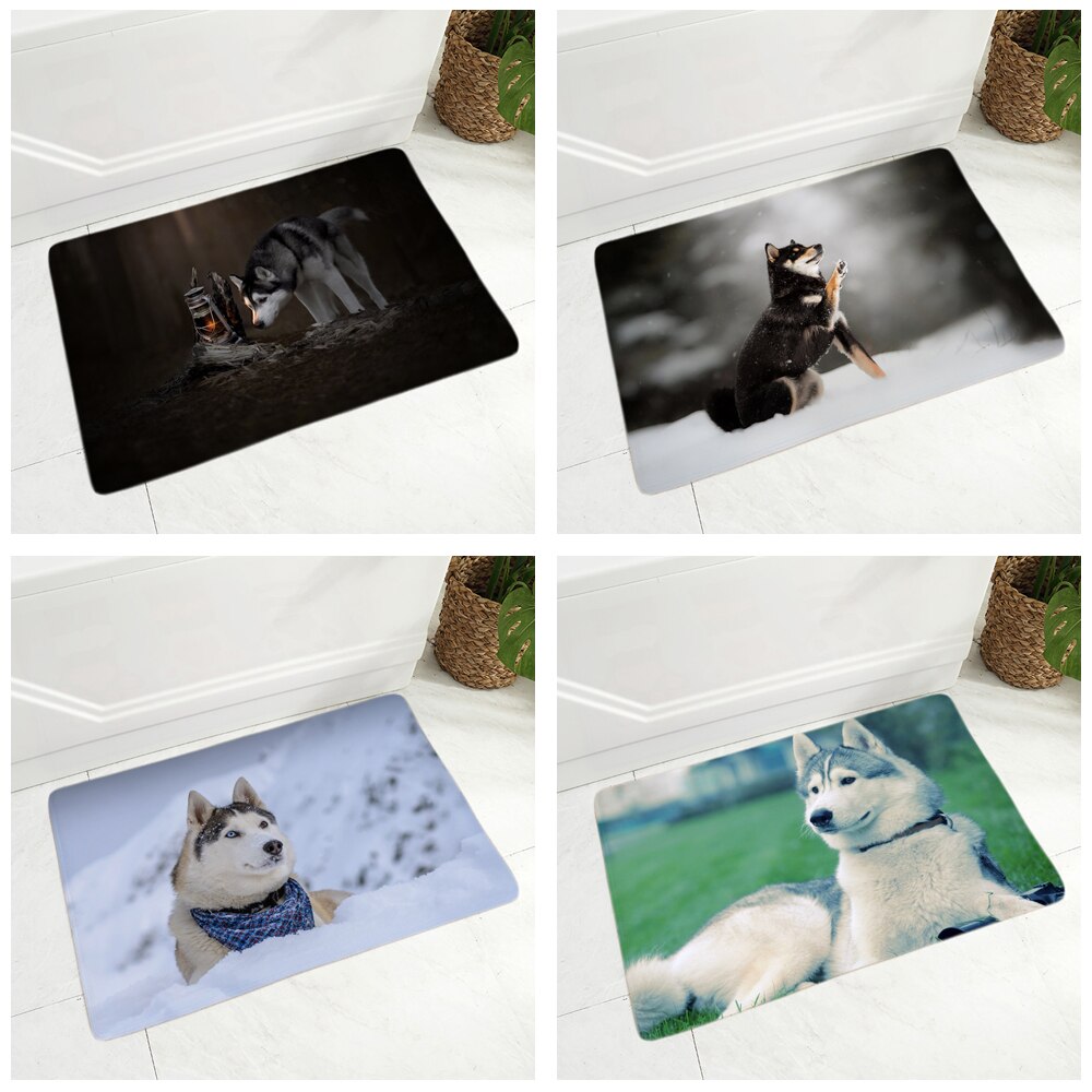 Soft Flannel Doormat Decor Siberian Husky Dog Door Mat Non-Slip Hallway Pet Animal Carpet Rug for Dining Room Bedroom Floor Mat