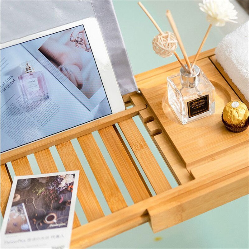 70-105cm Extendable Bamboo Bathtub Trays Bath Caddy Tray Home SPA Wooden Bathtub Tray Book Wine Tablet Holder Reading Rack