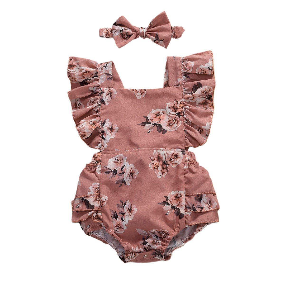 0-24M Sommer Kleinkind freundlicher Baby Mädchen Jungen Bodys Blumen Druck Rüschen Kurzarm Overall Stirnband 2Stck: Rosa / 18m