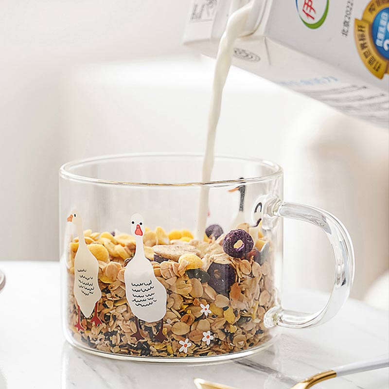 Taza de vidrio transparente con estampado de dibujos animados, vaso de café de vidrio de alto borosilicato con asa, taza de leche para desayuno y postre, 500ml, 1 unidad