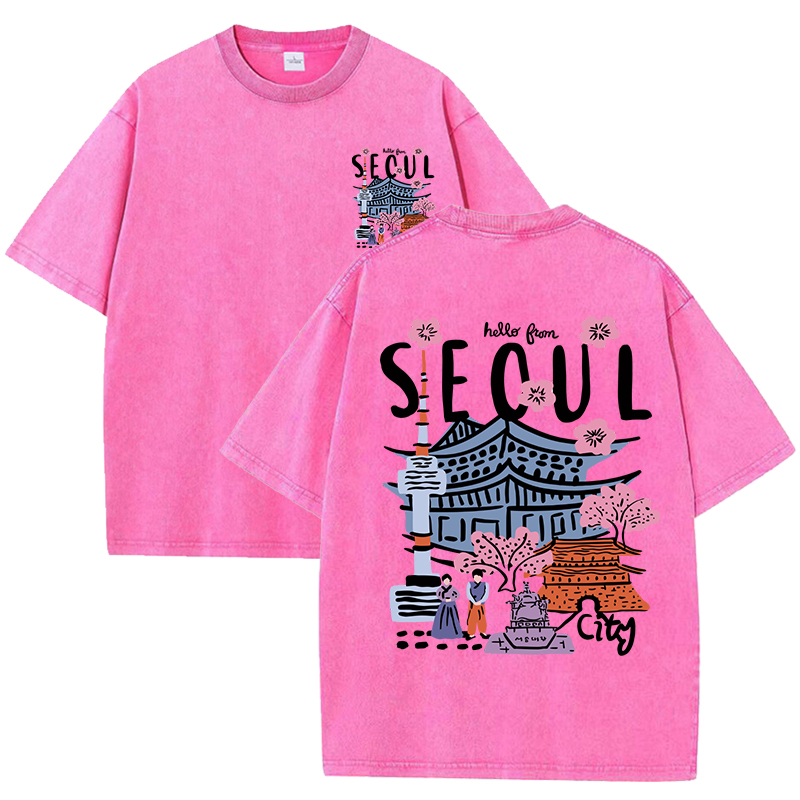 Seoul vacker natur tryckt tvättad t-shirt dam sommar rund hals kläder trendiga bomull kortärmade casual t-shirts