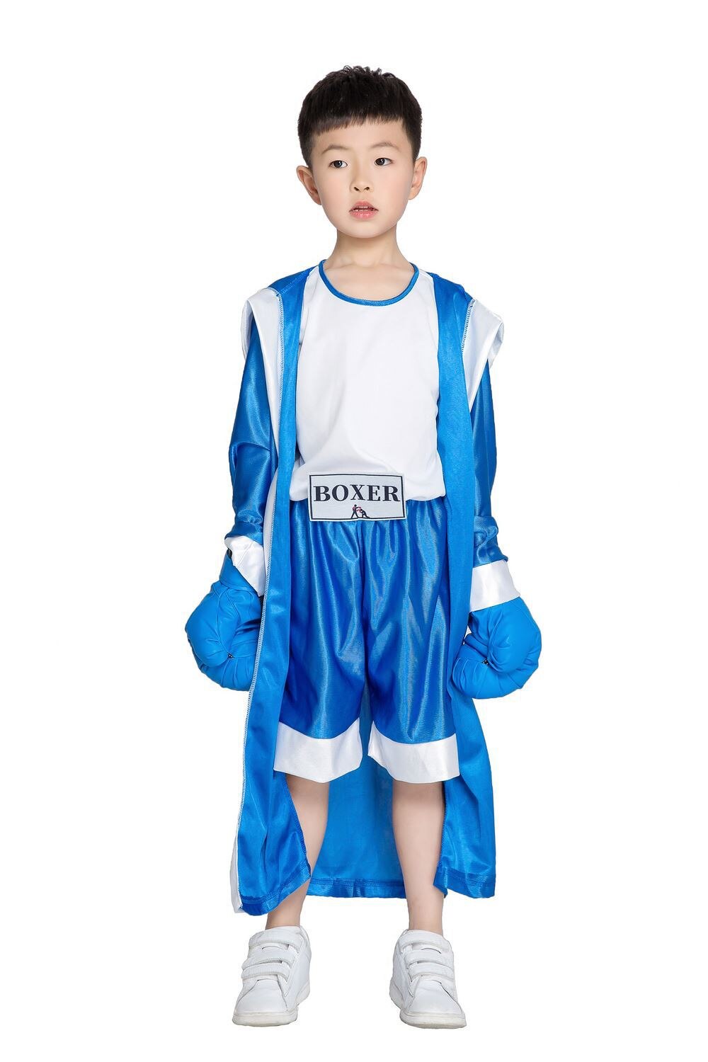Barn blå röd svart boxare kostym halloween pojke boxning match jumpsuit med mantel kostym: Blå / L